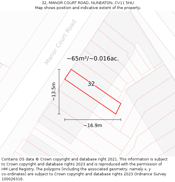 32, MANOR COURT ROAD, NUNEATON, CV11 5HU: Plot and title map