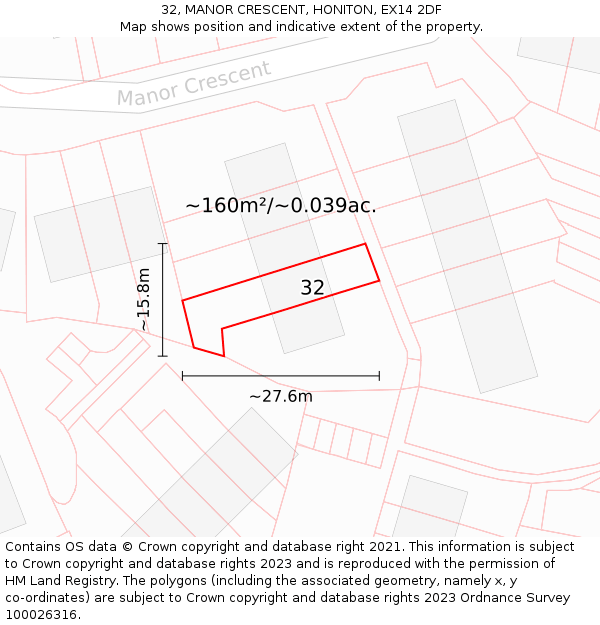 32, MANOR CRESCENT, HONITON, EX14 2DF: Plot and title map