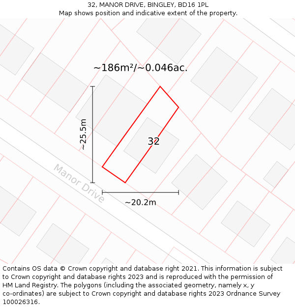 32, MANOR DRIVE, BINGLEY, BD16 1PL: Plot and title map