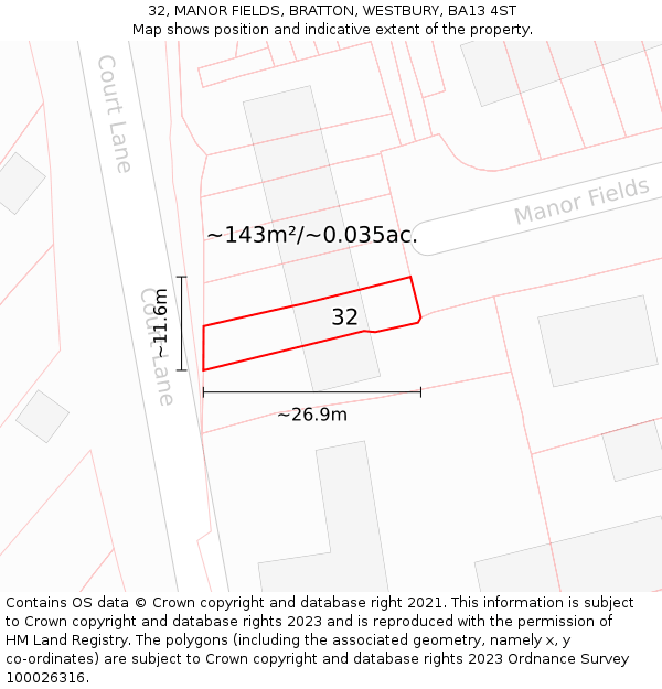 32, MANOR FIELDS, BRATTON, WESTBURY, BA13 4ST: Plot and title map