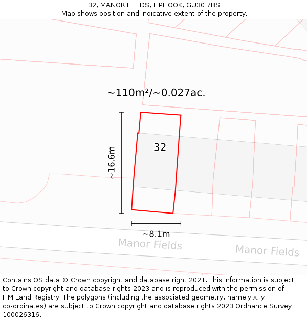 32, MANOR FIELDS, LIPHOOK, GU30 7BS: Plot and title map