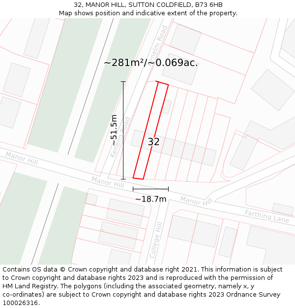 32, MANOR HILL, SUTTON COLDFIELD, B73 6HB: Plot and title map