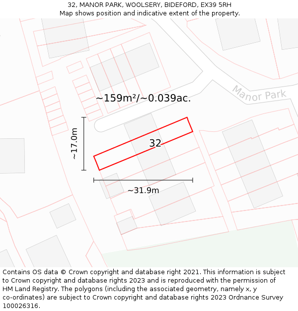 32, MANOR PARK, WOOLSERY, BIDEFORD, EX39 5RH: Plot and title map