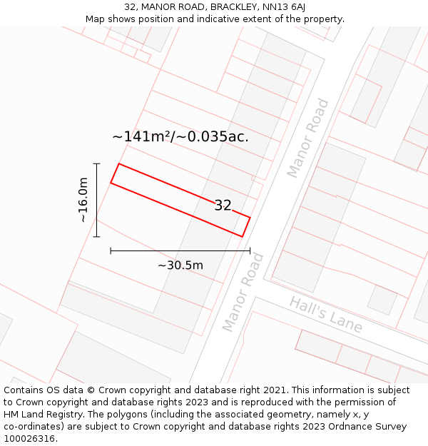 32, MANOR ROAD, BRACKLEY, NN13 6AJ: Plot and title map