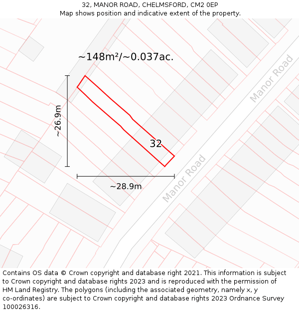 32, MANOR ROAD, CHELMSFORD, CM2 0EP: Plot and title map