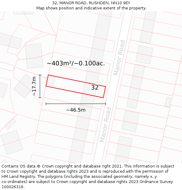 32, MANOR ROAD, RUSHDEN, NN10 9EY: Plot and title map
