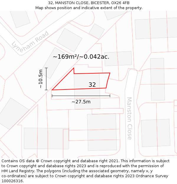 32, MANSTON CLOSE, BICESTER, OX26 4FB: Plot and title map