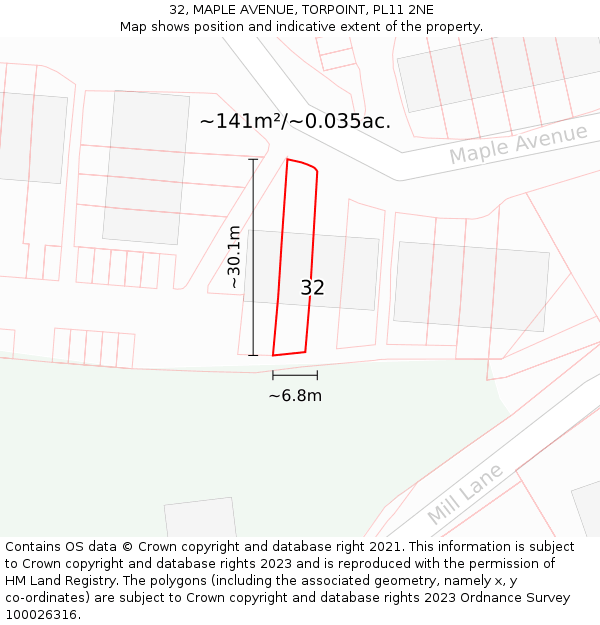 32, MAPLE AVENUE, TORPOINT, PL11 2NE: Plot and title map