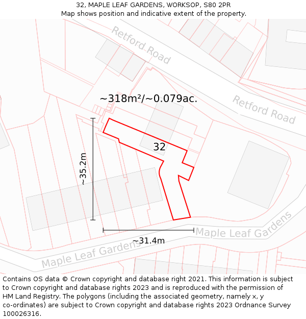 32, MAPLE LEAF GARDENS, WORKSOP, S80 2PR: Plot and title map