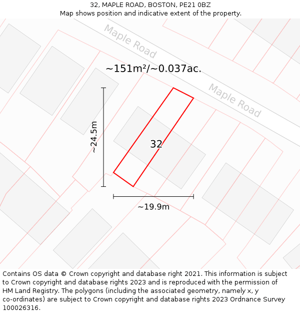 32, MAPLE ROAD, BOSTON, PE21 0BZ: Plot and title map