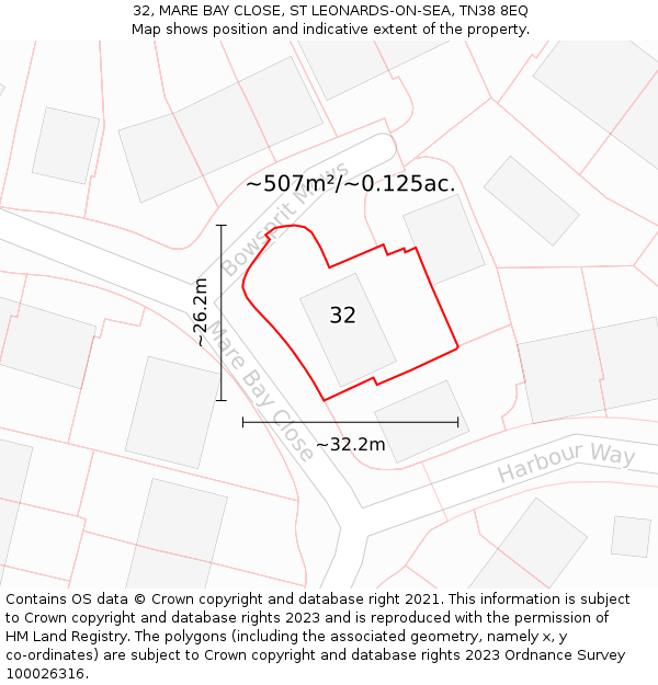 32, MARE BAY CLOSE, ST LEONARDS-ON-SEA, TN38 8EQ: Plot and title map