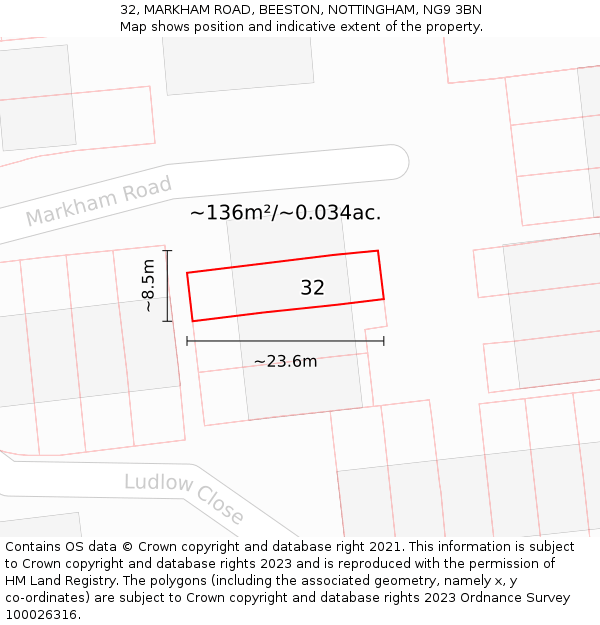 32, MARKHAM ROAD, BEESTON, NOTTINGHAM, NG9 3BN: Plot and title map