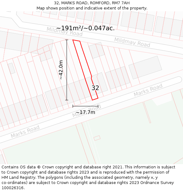 32, MARKS ROAD, ROMFORD, RM7 7AH: Plot and title map