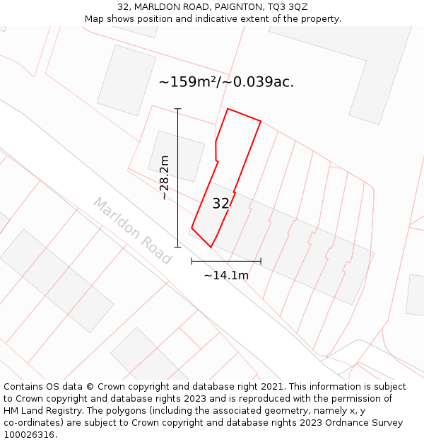 32, MARLDON ROAD, PAIGNTON, TQ3 3QZ: Plot and title map