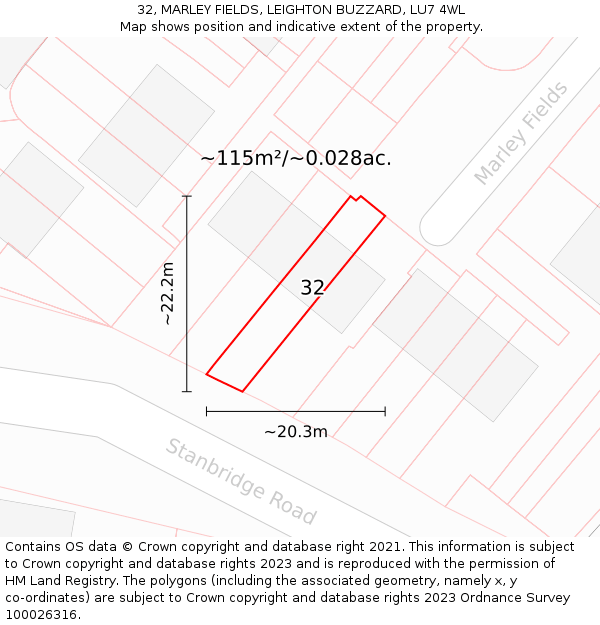32, MARLEY FIELDS, LEIGHTON BUZZARD, LU7 4WL: Plot and title map