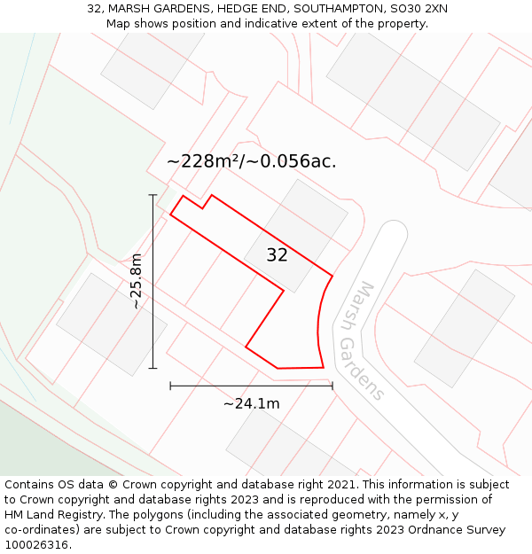 32, MARSH GARDENS, HEDGE END, SOUTHAMPTON, SO30 2XN: Plot and title map