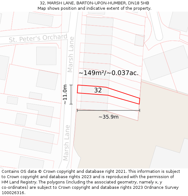 32, MARSH LANE, BARTON-UPON-HUMBER, DN18 5HB: Plot and title map