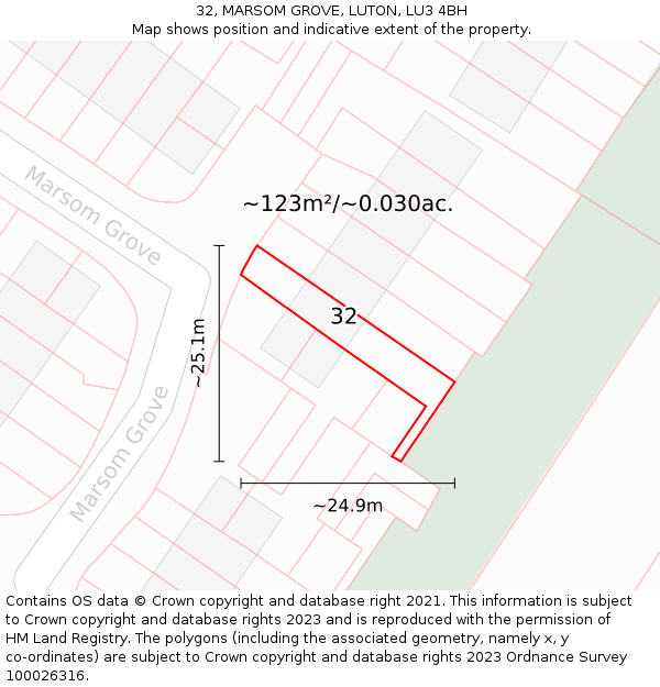 32, MARSOM GROVE, LUTON, LU3 4BH: Plot and title map