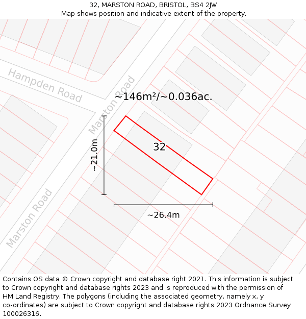 32, MARSTON ROAD, BRISTOL, BS4 2JW: Plot and title map