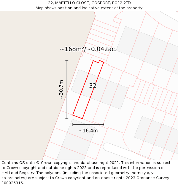 32, MARTELLO CLOSE, GOSPORT, PO12 2TD: Plot and title map