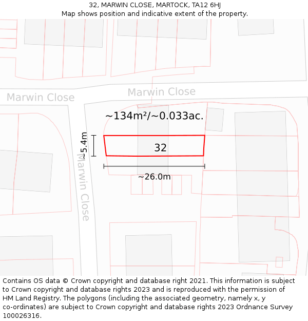 32, MARWIN CLOSE, MARTOCK, TA12 6HJ: Plot and title map