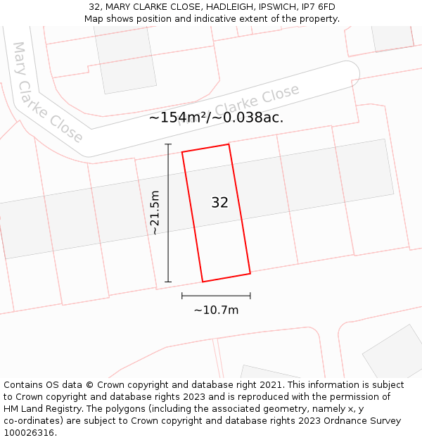 32, MARY CLARKE CLOSE, HADLEIGH, IPSWICH, IP7 6FD: Plot and title map