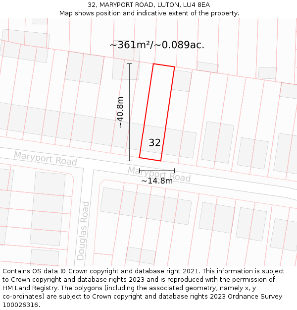 32, MARYPORT ROAD, LUTON, LU4 8EA: Plot and title map