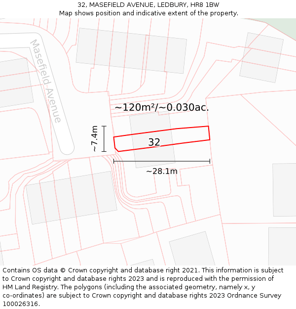 32, MASEFIELD AVENUE, LEDBURY, HR8 1BW: Plot and title map