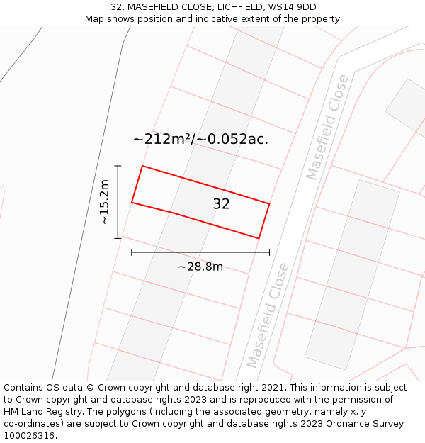 32, MASEFIELD CLOSE, LICHFIELD, WS14 9DD: Plot and title map