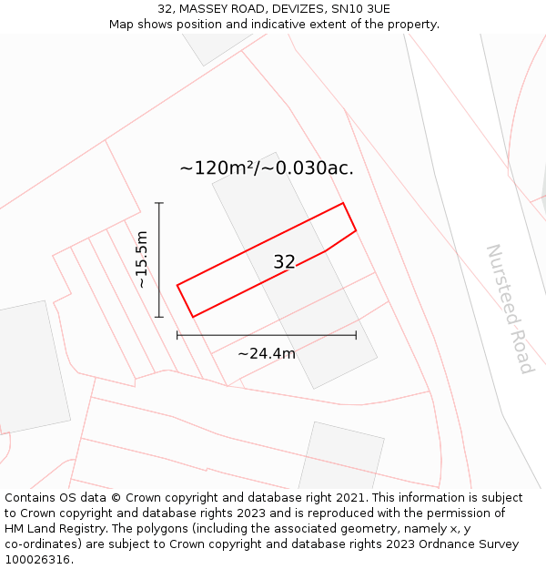 32, MASSEY ROAD, DEVIZES, SN10 3UE: Plot and title map