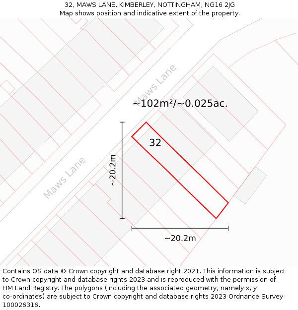 32, MAWS LANE, KIMBERLEY, NOTTINGHAM, NG16 2JG: Plot and title map