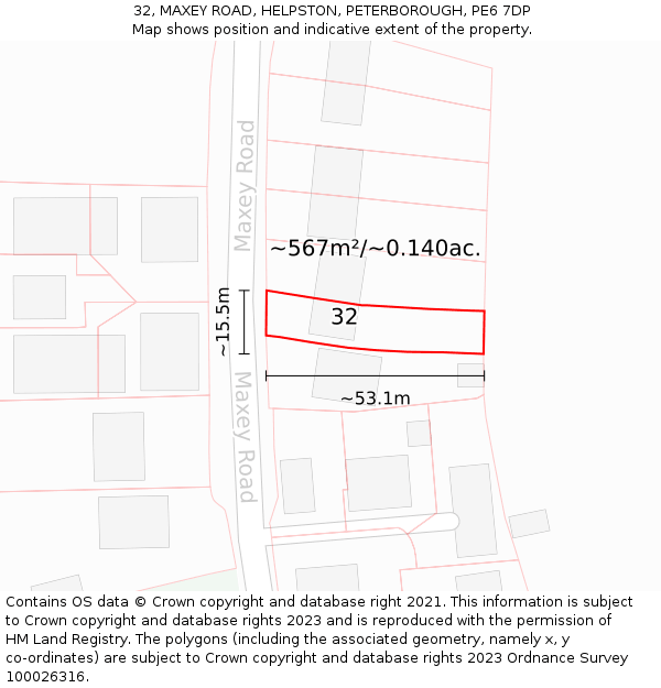 32, MAXEY ROAD, HELPSTON, PETERBOROUGH, PE6 7DP: Plot and title map
