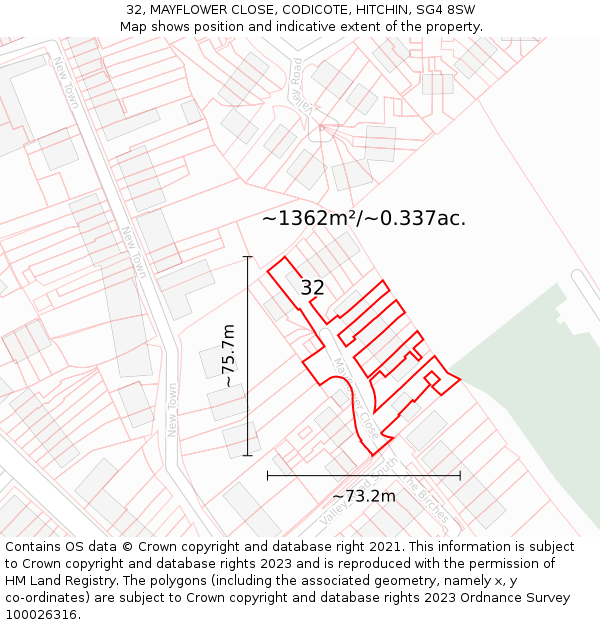 32, MAYFLOWER CLOSE, CODICOTE, HITCHIN, SG4 8SW: Plot and title map