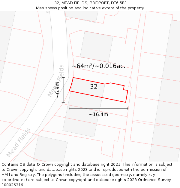 32, MEAD FIELDS, BRIDPORT, DT6 5RF: Plot and title map