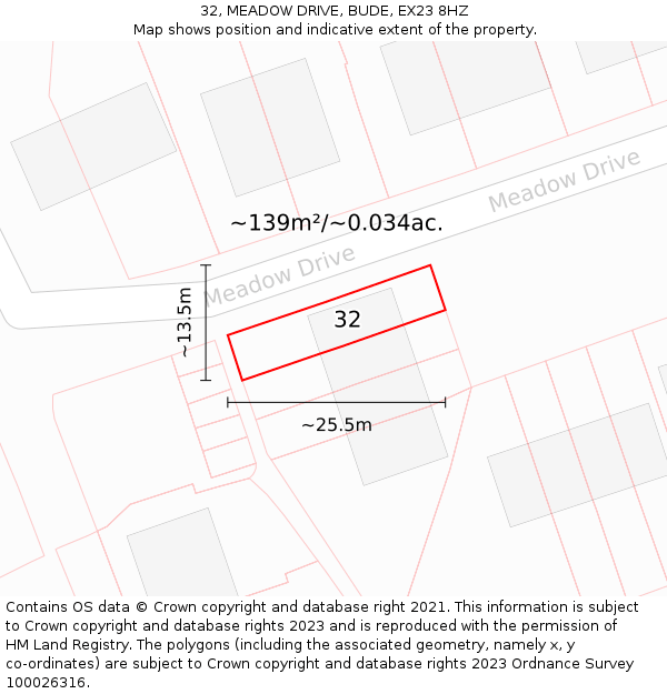 32, MEADOW DRIVE, BUDE, EX23 8HZ: Plot and title map