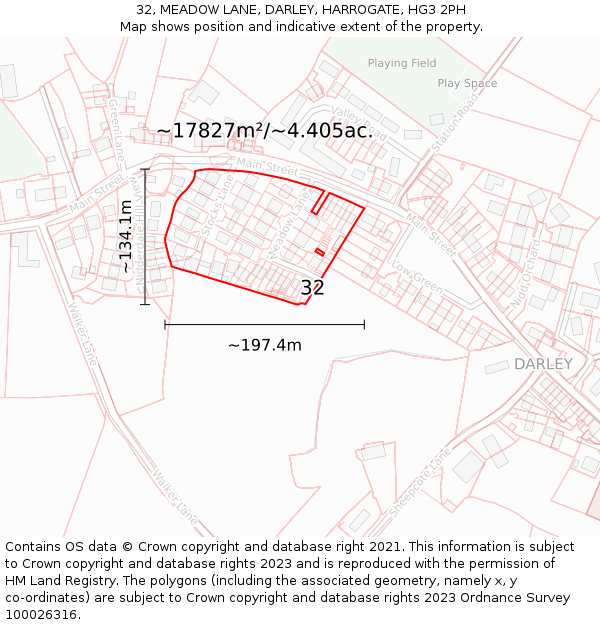 32, MEADOW LANE, DARLEY, HARROGATE, HG3 2PH: Plot and title map