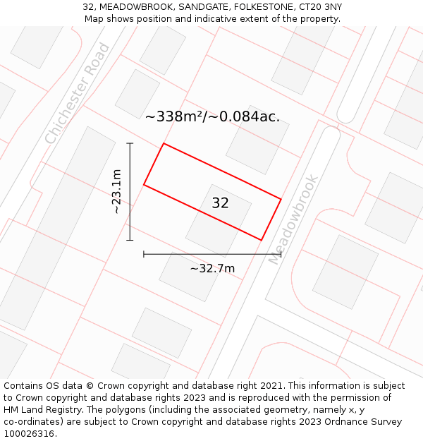 32, MEADOWBROOK, SANDGATE, FOLKESTONE, CT20 3NY: Plot and title map