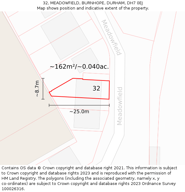 32, MEADOWFIELD, BURNHOPE, DURHAM, DH7 0EJ: Plot and title map