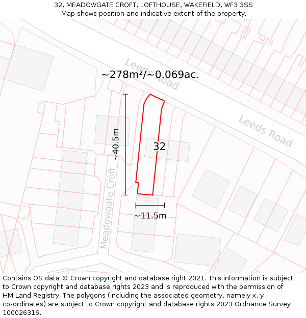 32, MEADOWGATE CROFT, LOFTHOUSE, WAKEFIELD, WF3 3SS: Plot and title map