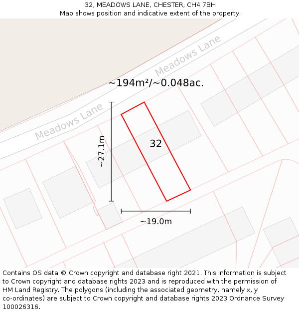 32, MEADOWS LANE, CHESTER, CH4 7BH: Plot and title map