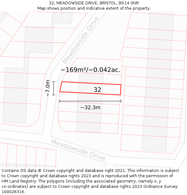 32, MEADOWSIDE DRIVE, BRISTOL, BS14 0NR: Plot and title map