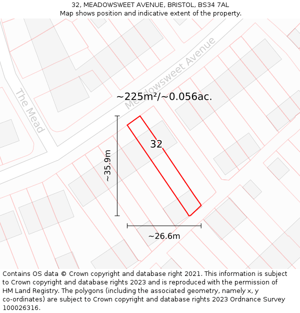 32, MEADOWSWEET AVENUE, BRISTOL, BS34 7AL: Plot and title map