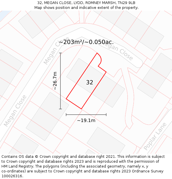32, MEGAN CLOSE, LYDD, ROMNEY MARSH, TN29 9LB: Plot and title map