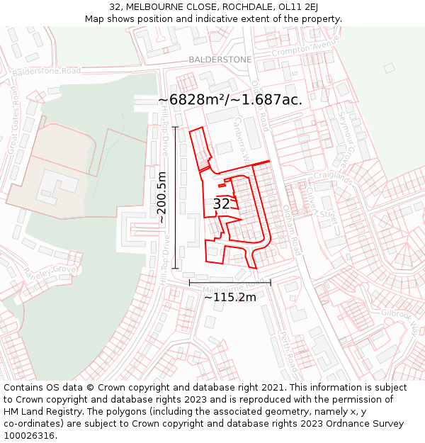 32, MELBOURNE CLOSE, ROCHDALE, OL11 2EJ: Plot and title map