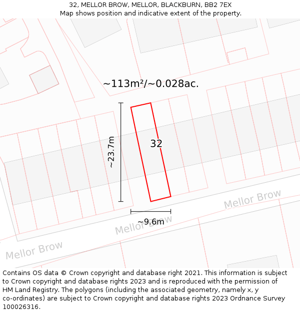 32, MELLOR BROW, MELLOR, BLACKBURN, BB2 7EX: Plot and title map