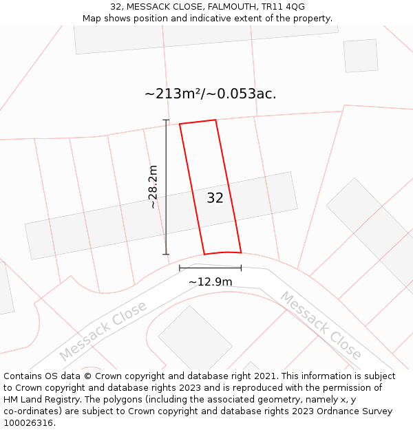 32, MESSACK CLOSE, FALMOUTH, TR11 4QG: Plot and title map