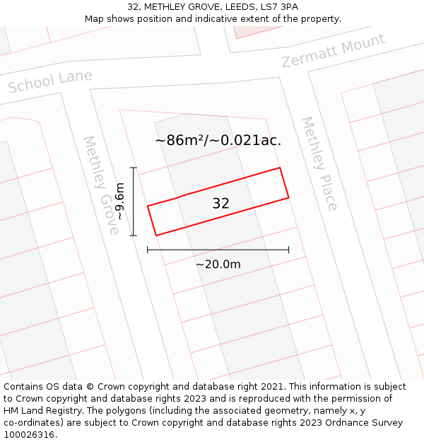 32, METHLEY GROVE, LEEDS, LS7 3PA: Plot and title map