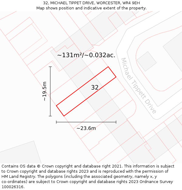 32, MICHAEL TIPPET DRIVE, WORCESTER, WR4 9EH: Plot and title map