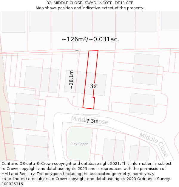 32, MIDDLE CLOSE, SWADLINCOTE, DE11 0EF: Plot and title map