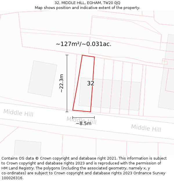 32, MIDDLE HILL, EGHAM, TW20 0JQ: Plot and title map